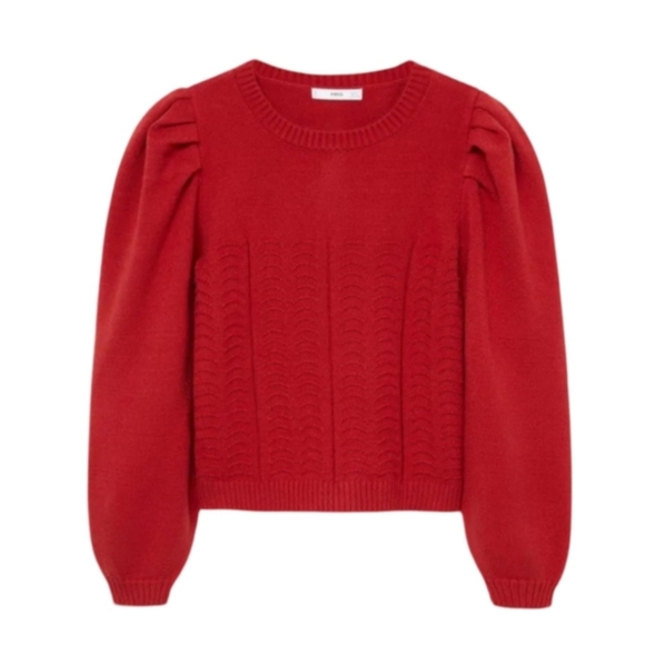 Mango Sweaters - MANGO Red Puff Sleeve Fitted Crew Size Small